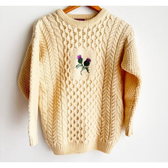 Highland Sweaters - Vintage Highland Home Industries Ivory Wool Floral Chunky Sweater S